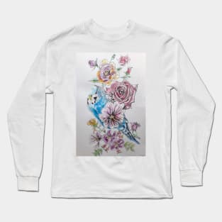 Blue Budgie and Rose Watercolor Painting Long Sleeve T-Shirt